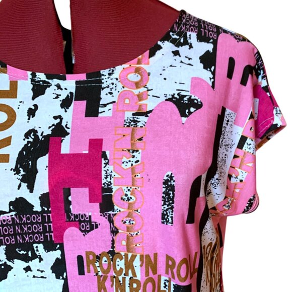 LOBO / Pink B&W - Graphic Print Women's Top Tunic short sleeves/ Large - Picture 8 of 12